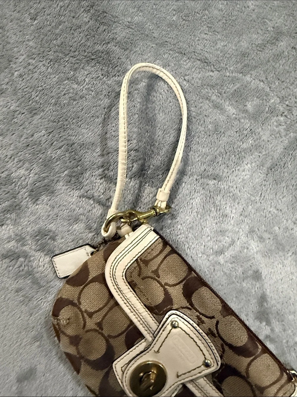 Coach Brown Signature Canvas Wristlet with Cream Trim and Gold Hardware